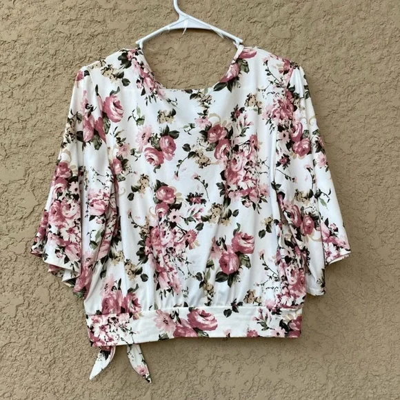 Charlotte Russe Floral Wrap Crop Top L Kimono Sleeve Tie Waist White Pink Blouse - Picture 6 of 6
